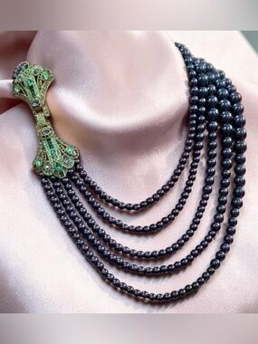Heidi Daus navy multi strand pearl necklace with Swarovski crystal clasp NIB